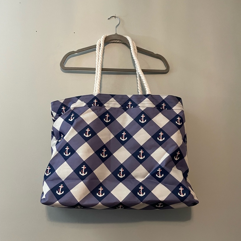 Nautical Anchor Pattern Beach Tote Bag - Navy and White
